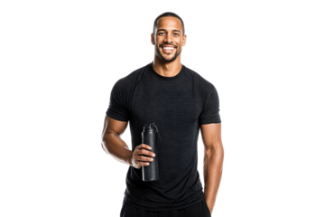 Smiling athletic man in sportswear holding water bottle after workout isolated on transparent background