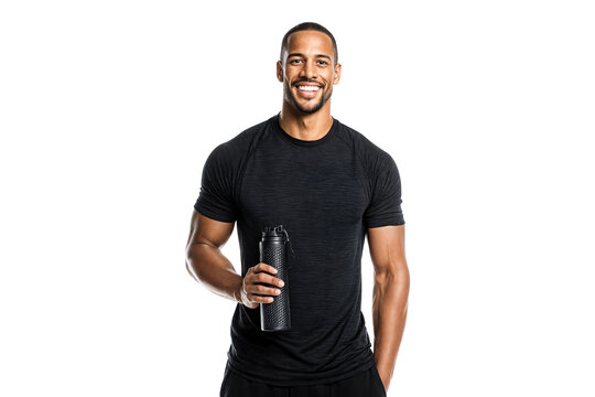 Smiling athletic man in sportswear holding water bottle after workout isolated on transparent background