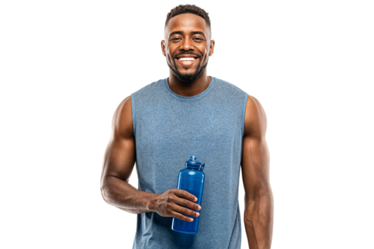 Smiling athletic man in sportswear holding water bottle after workout isolated on transparent background