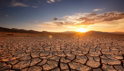 cracked desert ground under intense sunlight with dry soil and warm glowing sunset creating dramatic arid landscape scene