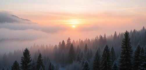 Misty winter sunrise over a pine forest, frosty mountain backdrop ,  christmas,  serene