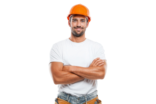 Confident male construction worker wearing safety helmet and tool belt with arms crossed isolated on transparent background