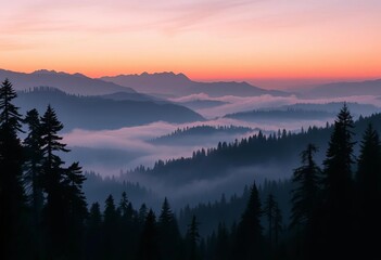 Obraz premium Misty mountain panorama, silhouettes of trees and forests in fog Stunning vector landscape for print, serene, vector graphic