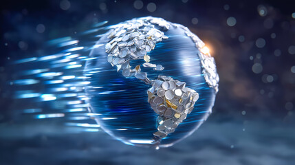 Recycled globe spins with motion lines and soft glowing light. Concept of environmental awareness and sustainability in creative industries