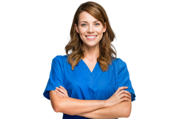Confident young female nurse in medical uniform isolated on transparent background