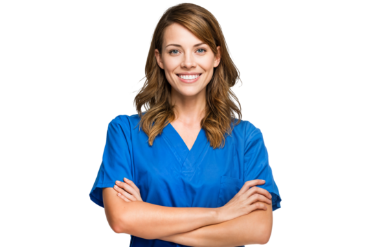 Confident young female nurse in medical uniform isolated on transparent background