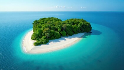 Heart-shaped island, white sand beach, clear sea, tropical, peaceful