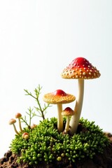 Intricate moss & delicate mushrooms, stark white backdrop , macro, scene