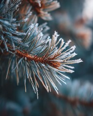 Closeup of frozen pine needles, highlighting glistening textures in cold light.