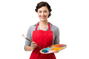 Smiling female artist holding paint palette and brushes isolated on transparent background