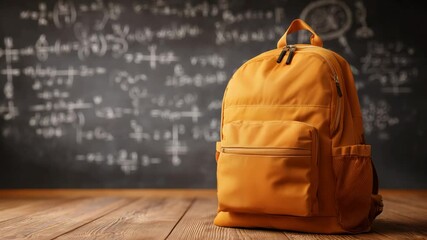 Back to school background with a yellow backpack sitting on a wooden floor before a chalkboard filled with mathematics equations in a classroom environment - Powered by Adobe
