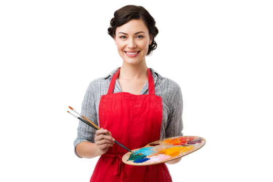 Smiling female artist holding paint palette and brushes isolated on transparent background