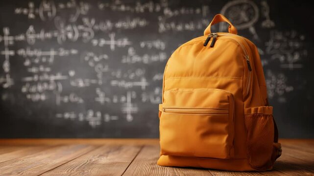 Back to school background with a yellow backpack sitting on a wooden floor before a chalkboard filled with mathematics equations in a classroom environment