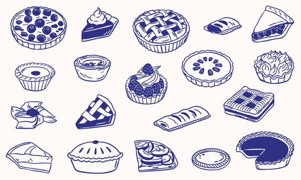 pie tart hand drawn sketch illustration collection - doodle line art