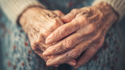 Fototapeta premium Elderly Hands Clasped Together Showing Wrinkled Skin and Aging Process