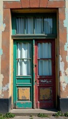 Rustic window frames stacked outdoors, weathered paint , texture, nature