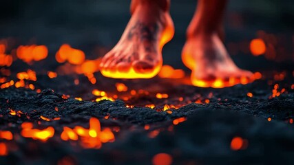 Person walks barefoot on a surface of molten lava with glowing embers surrounding them at dusk in a volcanic landscape - Powered by Adobe