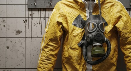 Hazardous Environment Worker in Yellow Protective Suit and Gas Mask