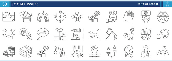 A set of line icons related to Social Issues. Social, poverty, drugs, addict, waste, crime, mental illness, war, bully, and so on. Vector editable stroke.