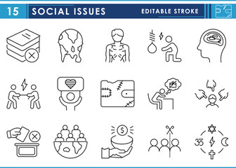 Fototapeta premium A set of line icons related to Social Issues. Society, problems, poverty, malnutrition, jobless, bully, global warming, and so on. Vector editable stroke.