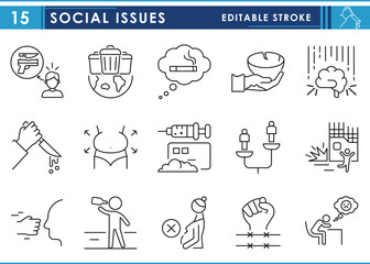 A set of line icons related to Social Issues. Social, problems, drinking, smoking, drugs, violence, war, and so on. Vector editable stroke.