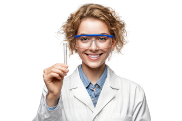 Smiling female scientist in lab coat and safety goggles holding test tube isolated on transparent background