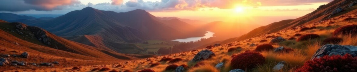 Sunlight illuminates Bleaberry Fell's rugged terrain, sunlight, image