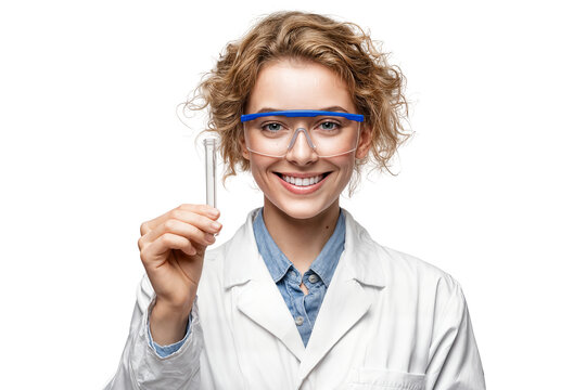 Smiling female scientist in lab coat and safety goggles holding test tube isolated on transparent background