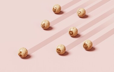 Human always wins, Wooden balls with communicative icons representing professional race, competition and achieving process. Business concept illustration. 3d Render	
