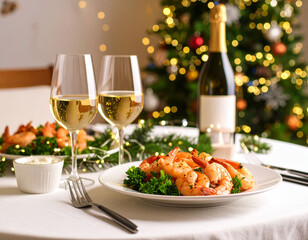 crevettes grillées, sauce et verre de vin, ambiance de fêtes