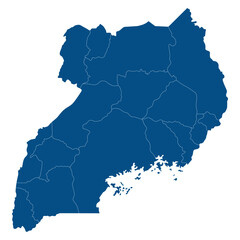 Uganda map subregions. Map of Uganda four subregions in blue color without Lake Victoria