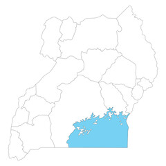 Uganda map subregions. Map of Uganda four subregions in white color with Lake Victoria
