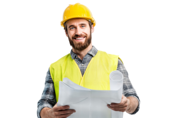 Smiling male architect or construction worker in safety helmet and orange vest holding blueprint isolated on transparent background