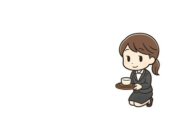 来客対応でお茶を出す女性新入社員のミニキャライラスト
