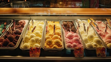 Fototapeta premium A sunset-lit gelato shop display featuring natural, handmade flavors.