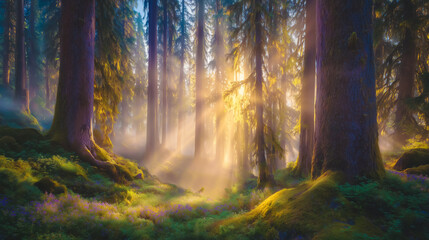 Sunlight breaks through tall trees illuminating misty forest floor. Early morning calm creates serene atmosphere. Concept of nature appreciation, outdoor retreats, wellness