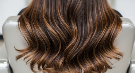 Fototapeta premium Close-up of long wavy brunette hair with soft highlights in salon lighting