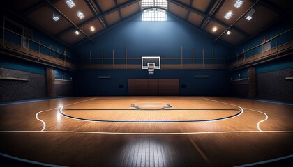basketball court with circular wrestling mat in dimly lit gymnasium