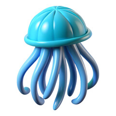 Highly detailed photorealistic 3 D render of a stylized blue jellyfish with curved tentacles and a rounded bell shape isolated on a transparent background
