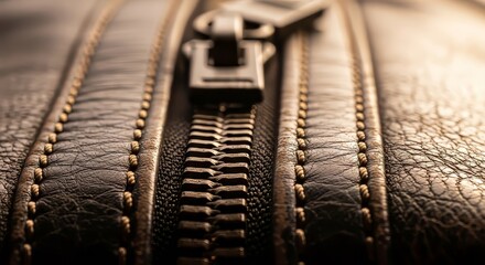 Macro Close Up of Vintage Leather Zipper with Metallic Teeth and Textured Surface