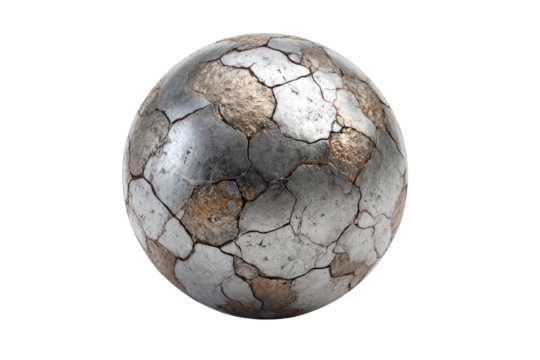 A sphere, metallic, cracked, textured, in silver and gold