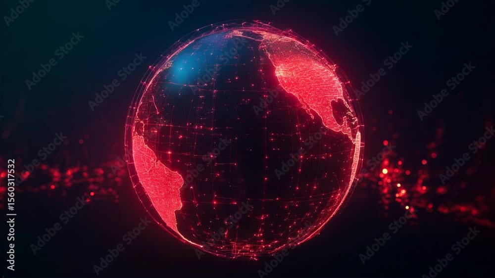 Poster looped motion rotating globe in red tones with lines of force fields and data streams. technological