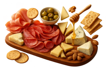 Gourmet charcuterie board with cheese, meats, and honey, isolated on a transparent background.