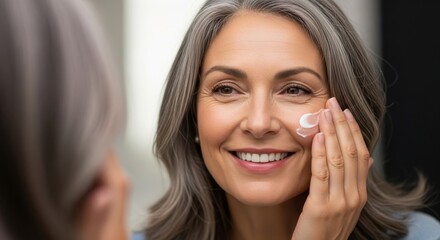 Mature Middle Aged Woman with Gray Hair Applying Skincare Cream Smiling Confidently