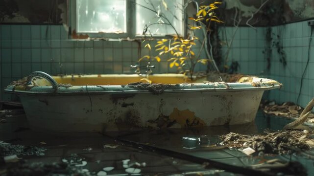 An old bathtub in a rundown bathroom