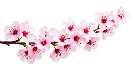 A single branch of delicate pink cherry blossoms in full bloom, elegantly curved, isolated on white background
