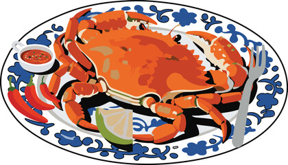 Vibrant cooked crab illustration with detailed culinary elements and seafood appeal