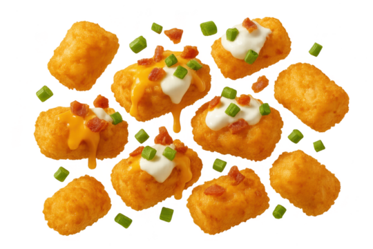 Crispy golden loaded potato bites and tater tots isolated on transparent background