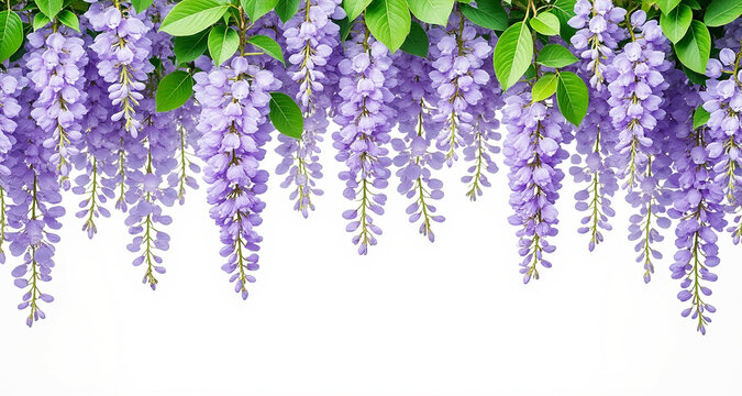 A vibrant border of purple wisteria flowers and green leaves, isolated on white background