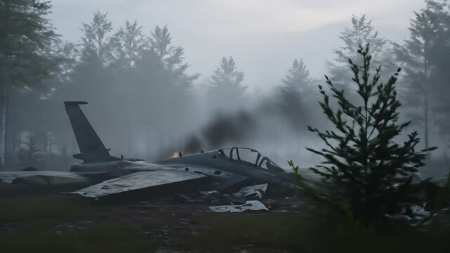 Crashed fighter jet in forest clearing under foggy skies, symbolizing downed aircraft, isolation, and conflict aftermath